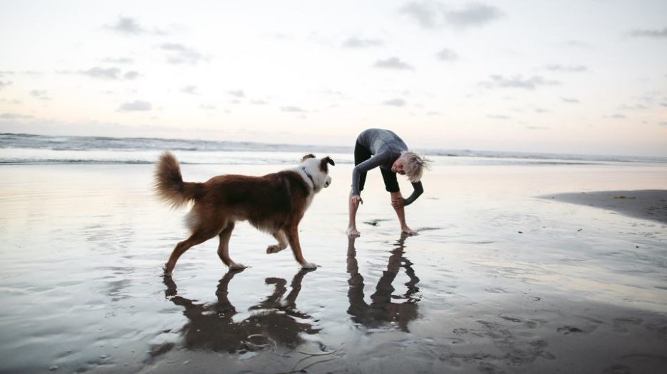 Mature woman in a wetsuit playfully walking her dog on the beach at low tide