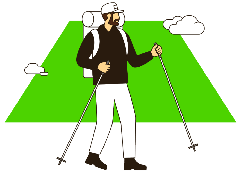 Male hiker illustration with a green shaped background