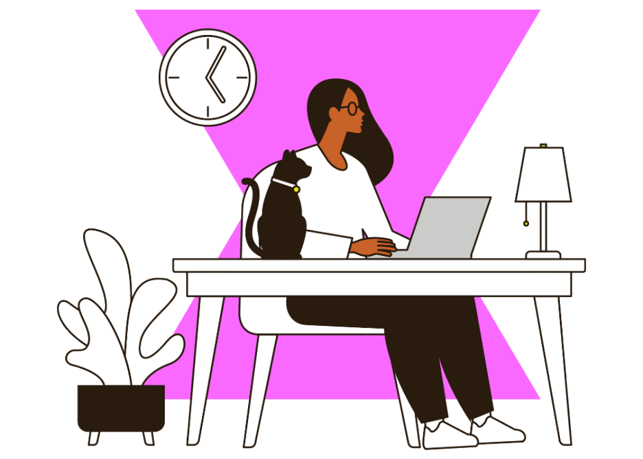 Female working at home illustration with a pink shaped background