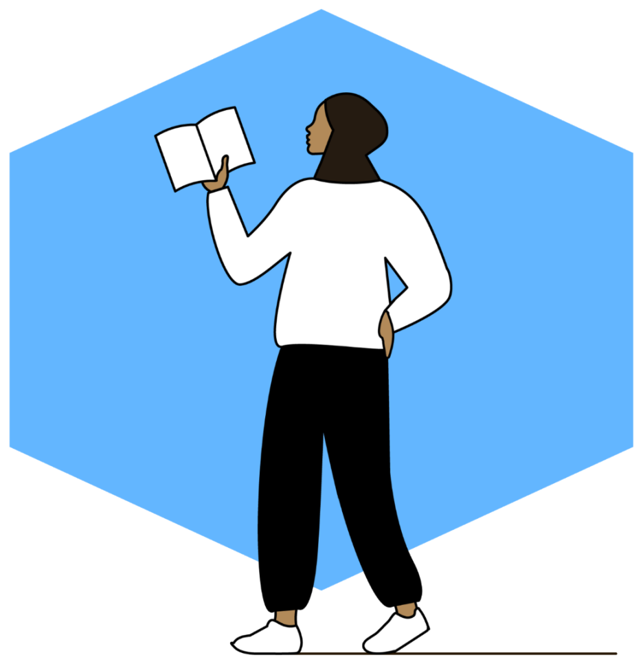 Woman reading a book in blue shape