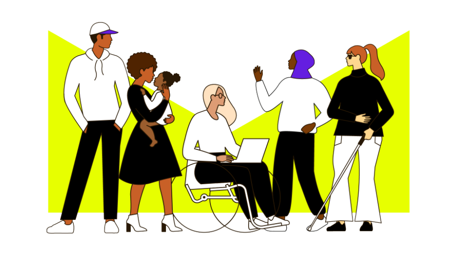 Group of people chatting with yellow background shape