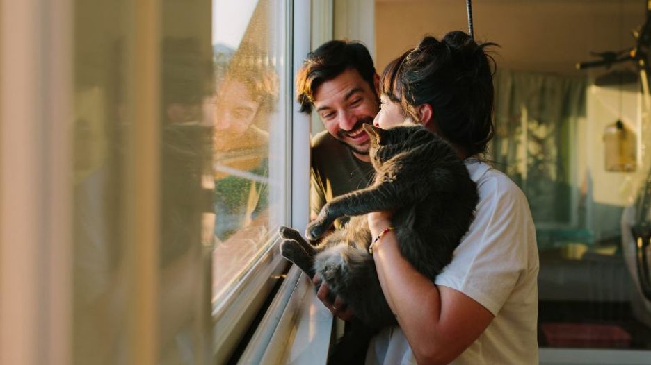 young couple looking through the window with a cat in their arms