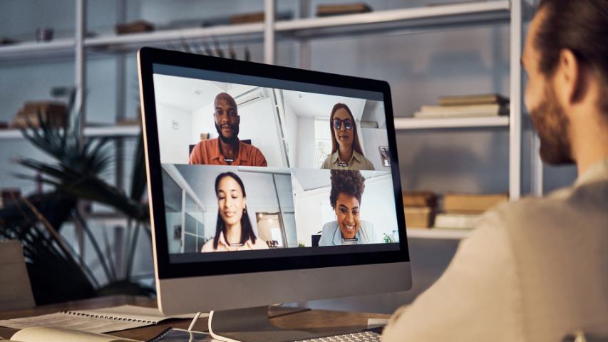 Male participating in group video call