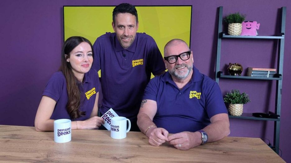 Rachel, Jonny and Roger at the Pension Geeks TV.