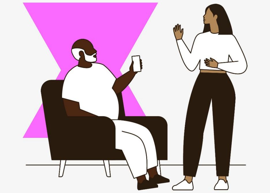 Family in a living room with a pink background shape