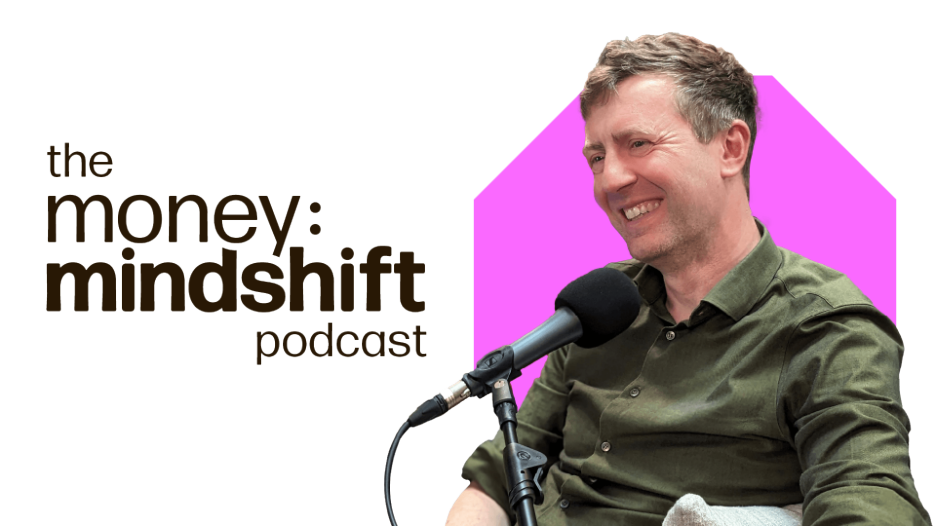 Dr Tom with money mindshift podcast logo to the left and pink background