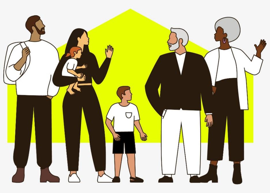 Family group illustration with yellow shape
