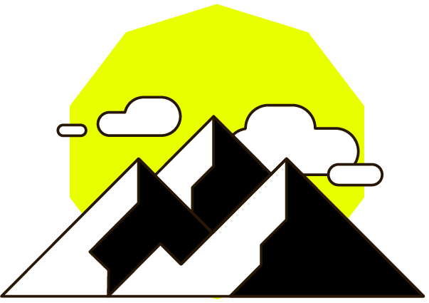 An illustration of a mountain and clouds on a yellow shape background