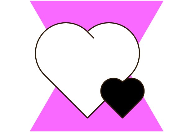 An illustration of a small black heart in front of a large white heart on a pink shape background