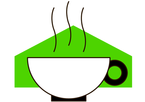 An illustration of a white coffee cup on a green shape background