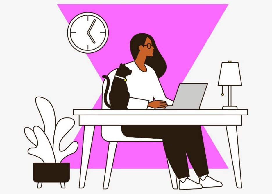 Illustration of woman in front of a pink shape at a desk working on her laptop beside a cat