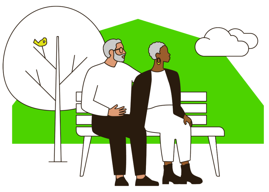 Couple on a bench with a green shaped background
