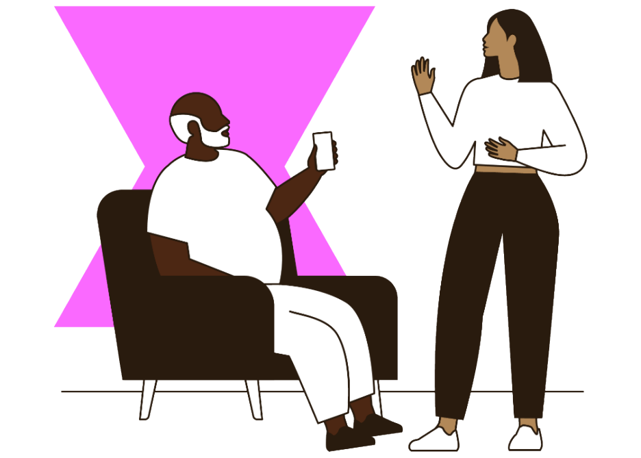 Money Mindshift people talking pink shape background