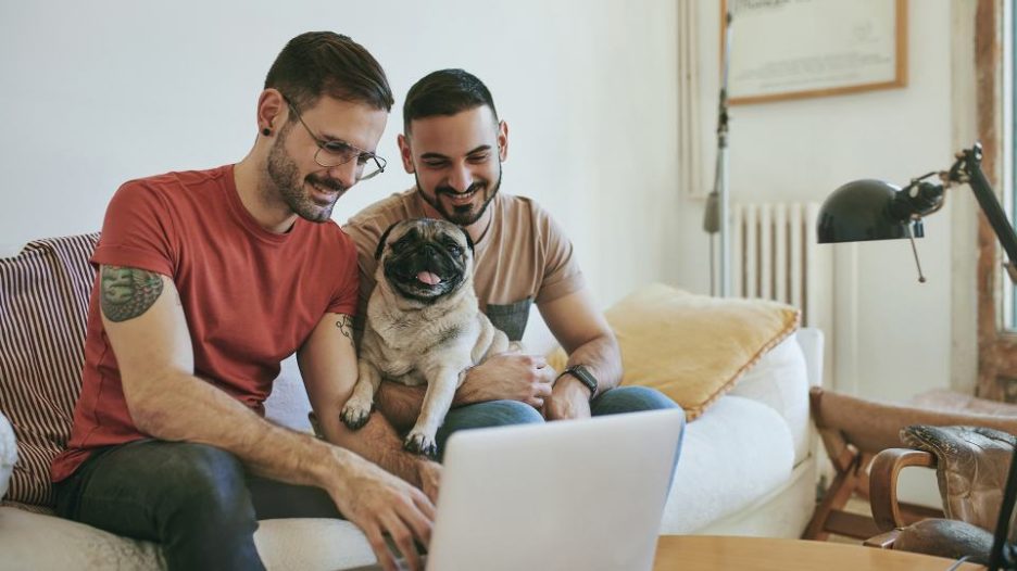 two men and their pug dog sitting on a sofa and looking at a laptop together
